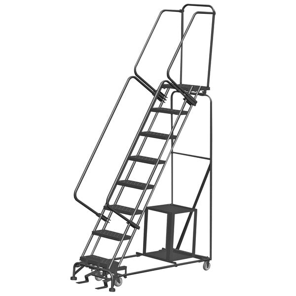 Ballymore SPL-8-14N 8-Step Gray Steel Rolling Safety Ladder / Stock Picking Cart with 2 Shelves and 16" Wide Steps - 14" Deep Top Step