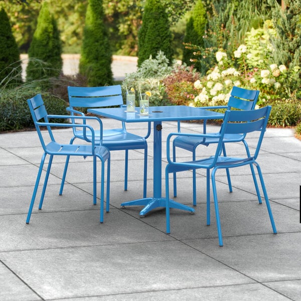 Lancaster Table & Seating 32" x 32" Blue Powder-Coated Aluminum Dining Height Outdoor Table with Umbrella Hole and 4 Arm Chairs
