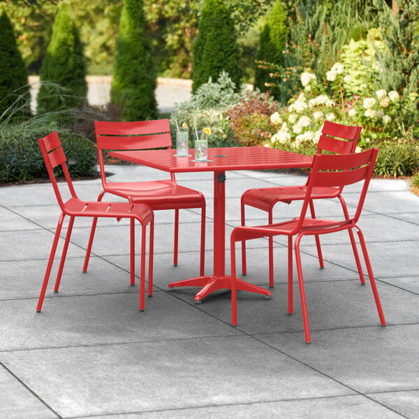 Lancaster Table & Seating 36" x 36" Red Powder-Coated Aluminum Dining Height Outdoor Table with Umbrella Hole and 4 Side Chairs