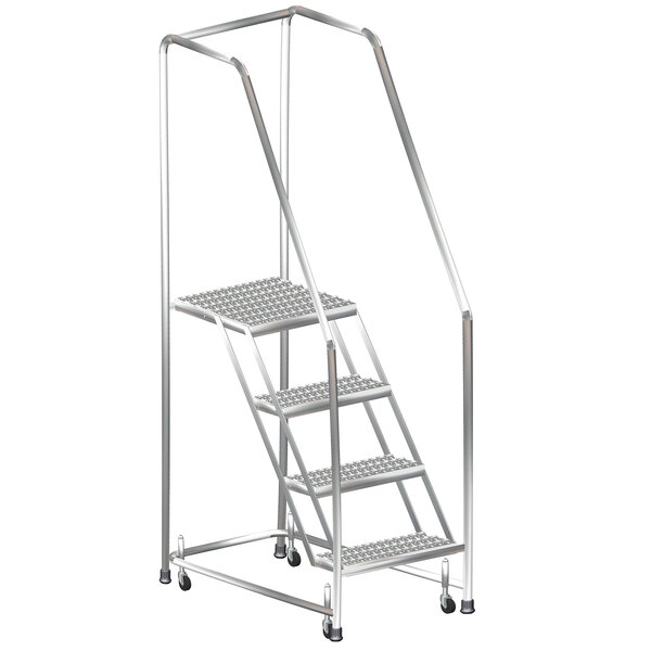 A Ballymore stainless steel rolling ladder with handrails and spring loaded casters.