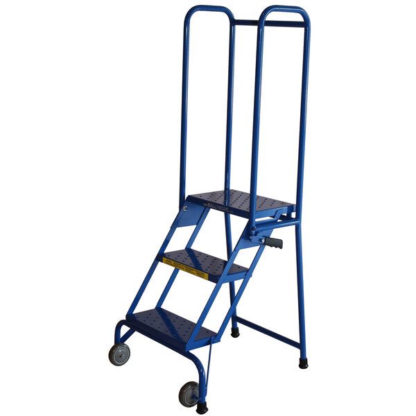 A blue Ballymore aluminum folding step ladder with wheels and handrails.