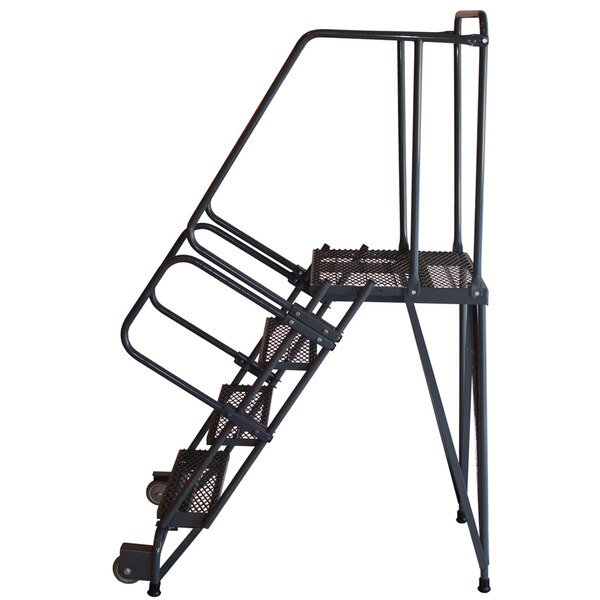A Ballymore steel rolling ladder with wheels.