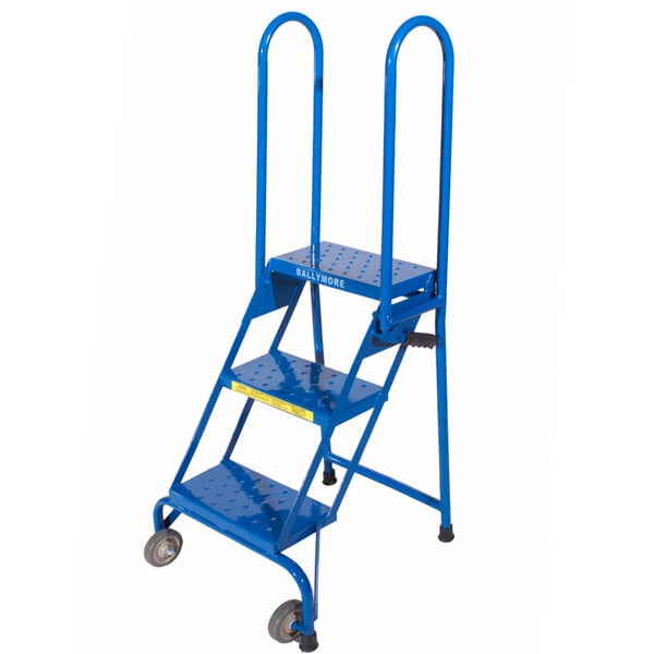 Ballymore ALS3247 Lock-N-Stock 3-Step Blue Heavy-Duty Aluminum Folding Mobile Step Ladder with 24" Wide Steps and 7" Deep Top Step, and Handrails