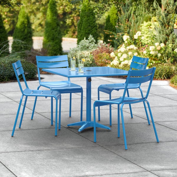 Lancaster Table & Seating 36" x 36" Blue Powder-Coated Aluminum Dining Height Outdoor Table with Umbrella Hole and 4 Side Chairs