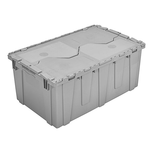 A Lavex gray plastic storage box with two compartments and a lid.