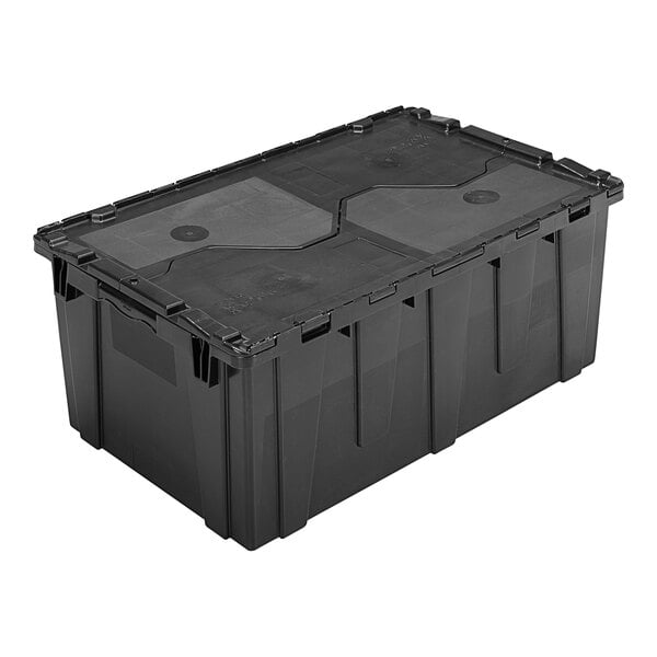 A black plastic Lavex industrial tote with attached lid.