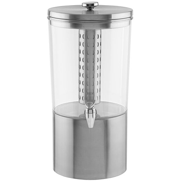 A Tablecraft stainless steel and Tritan beverage dispenser with a lid.