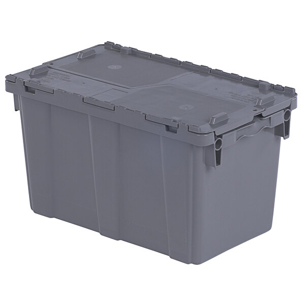 A gray Orbis industrial tote box with hinged lid.