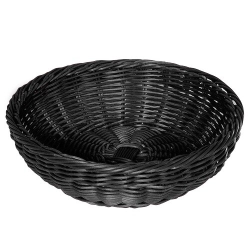 A black round plastic bread basket with a handle.