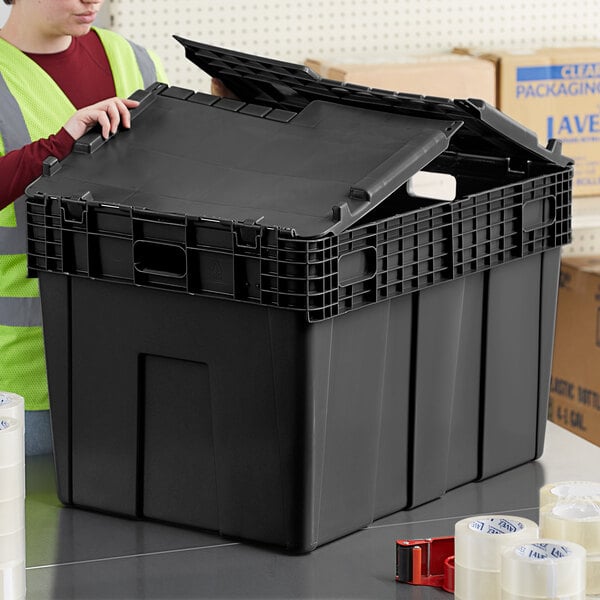 Orbis 30 x 22 x 20 1/2 Flipak Black Stackable Industrial Tote Box with  Hinged Flip Lid