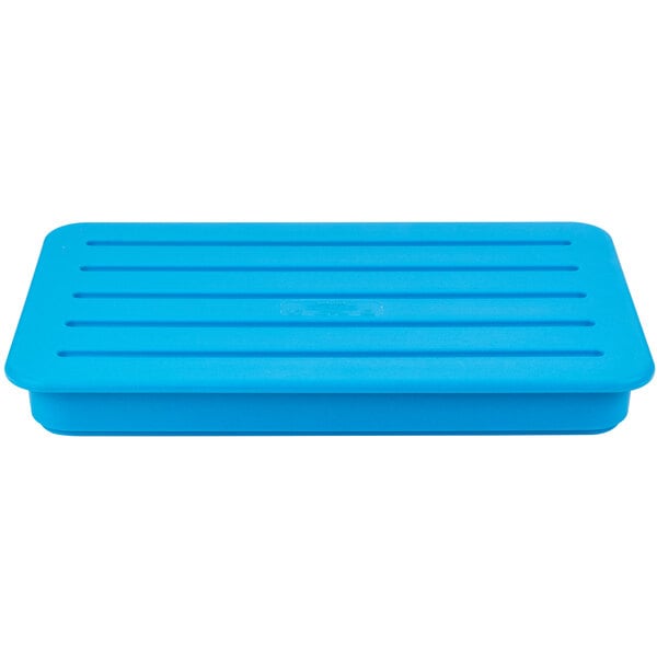 A blue plastic tray with a lid inside a blue rectangular container.