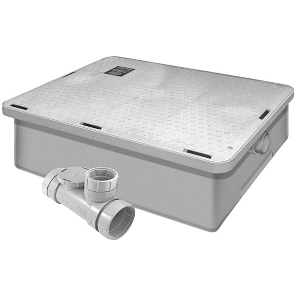 A white metal Endura Lo-Pro grease trap box with 2 threaded connections.
