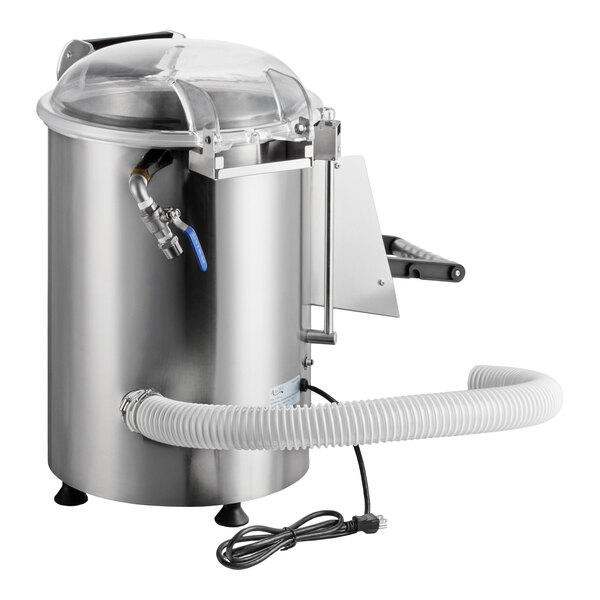 A stainless steel countertop potato peeler with a clear lid, attached hose, and power cord.
