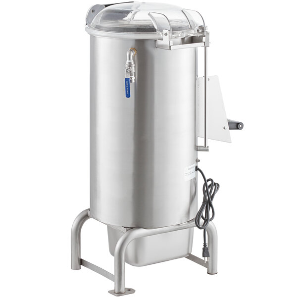 An Avantco stainless steel floor potato peeler with a clear lid.