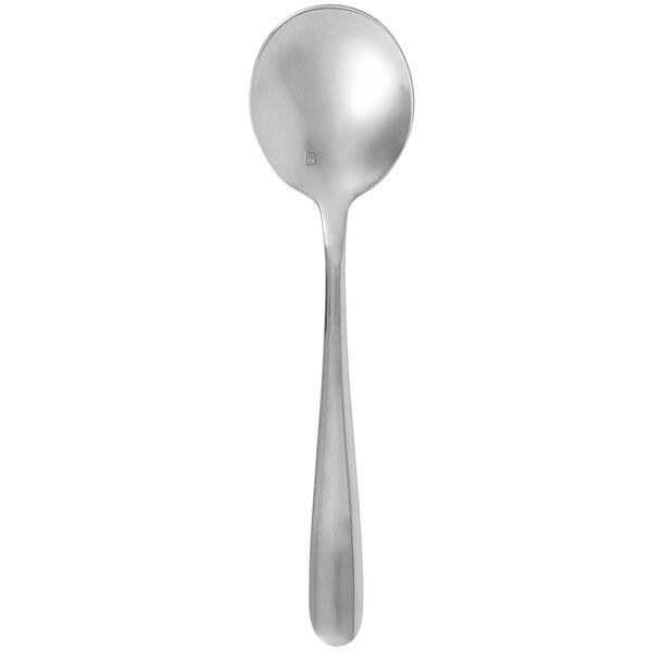 A Walco stainless steel bouillon spoon with a white background.