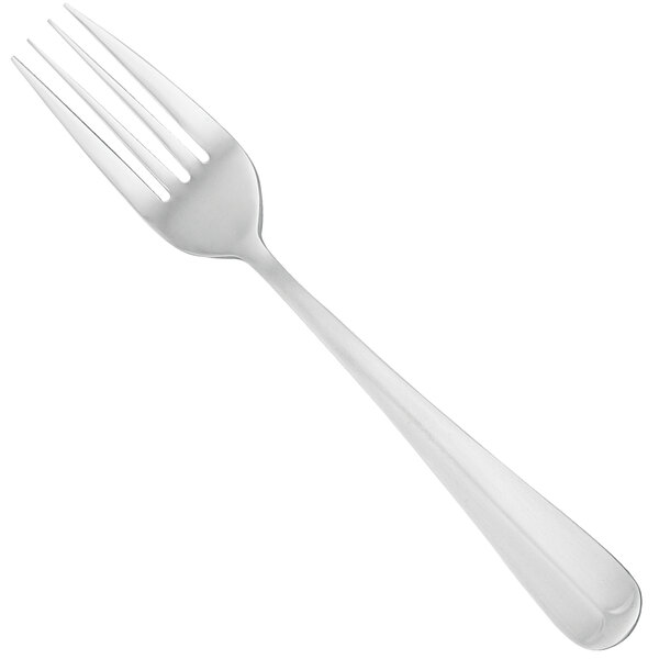 A Walco Royal Bristol stainless steel dinner fork with a white handle on a white background.