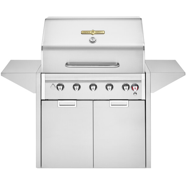 A stainless steel Crown Verity barbecue grill with two doors.