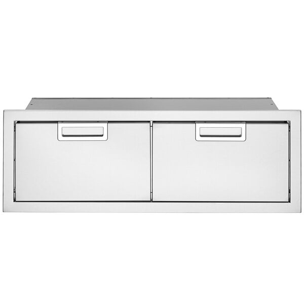 A stainless steel Crown Verity built-in horizontal storage compartment with two drawers.