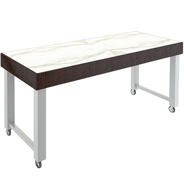 A white table with a white and brown SmartStone top and black base.