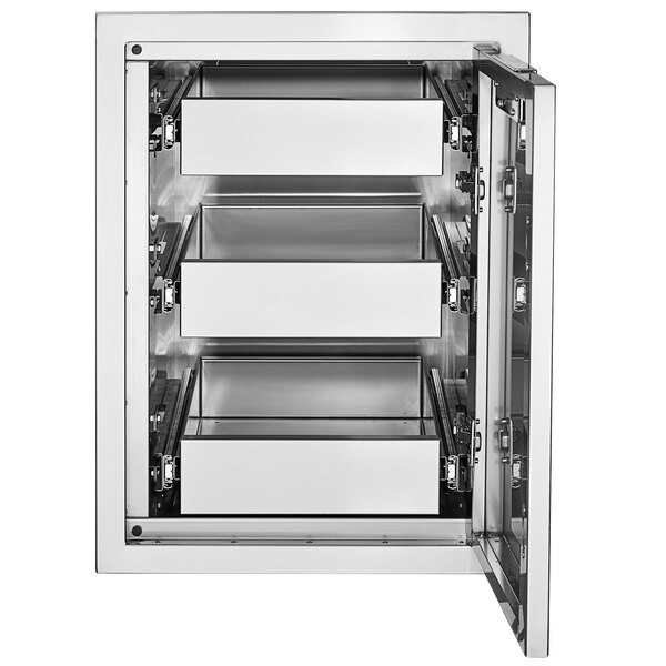 A stainless steel metal cabinet with three drawers.