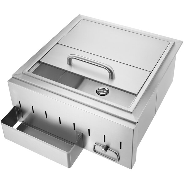 A silver stainless steel box with a drawer.