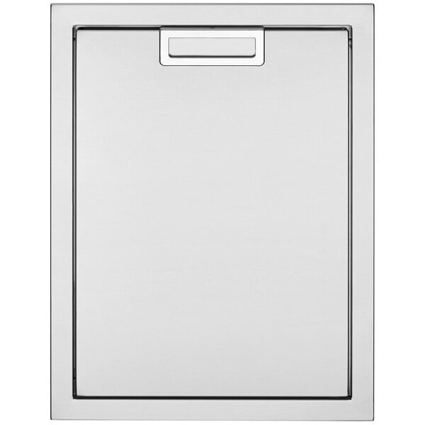A white rectangular stainless steel cabinet with a handle and a square object in the middle.