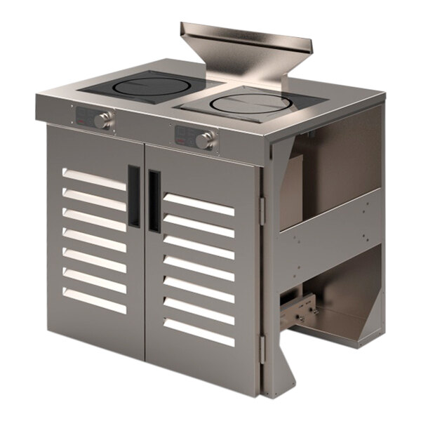A stainless steel Spring USA induction cooking station with 2 ranges.