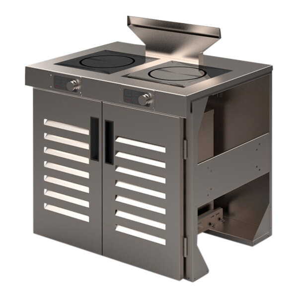 A stainless steel Spring USA induction cooking station with 2 ranges.
