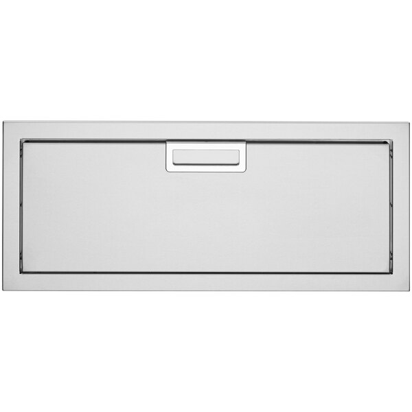A white rectangular metal drawer with a handle and latch.