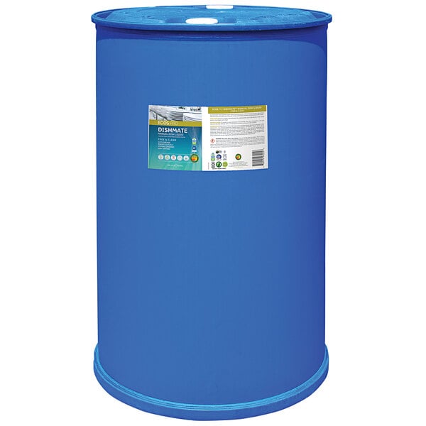 A blue barrel with a label that says "ECOS Pro Dishmate 55 Gallon Free and Clear Manual Dishwashing Liquid"