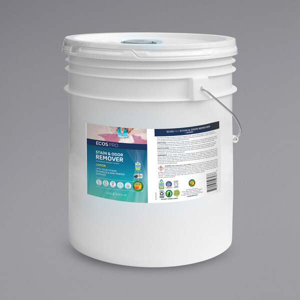 A white bucket with a label for ECOS Pro 5 Gallon Lemon Scented Stain and Odor Remover.