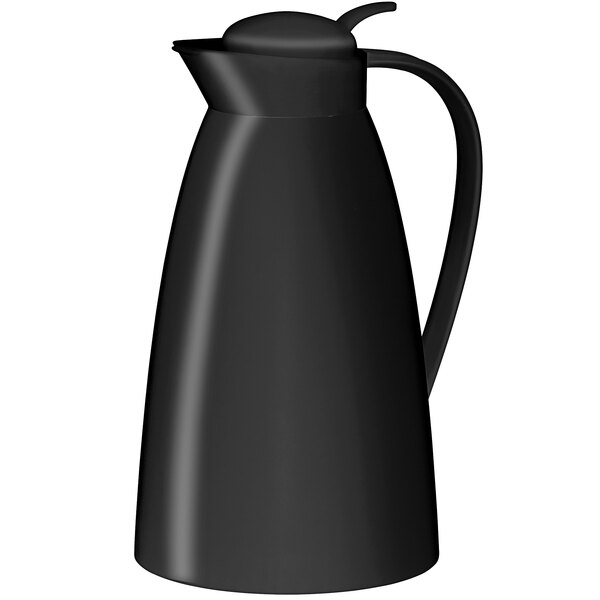 An Alfi plastic vacuum insulated coffee carafe with a black lid and handle.