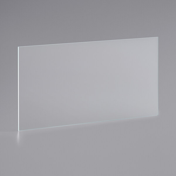 A clear rectangular glass shelf for a refrigeration display case.