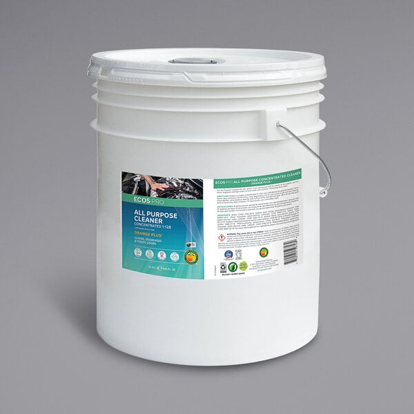 A white bucket with a label for ECOS Pro Orange Plus All-Purpose Cleaner.