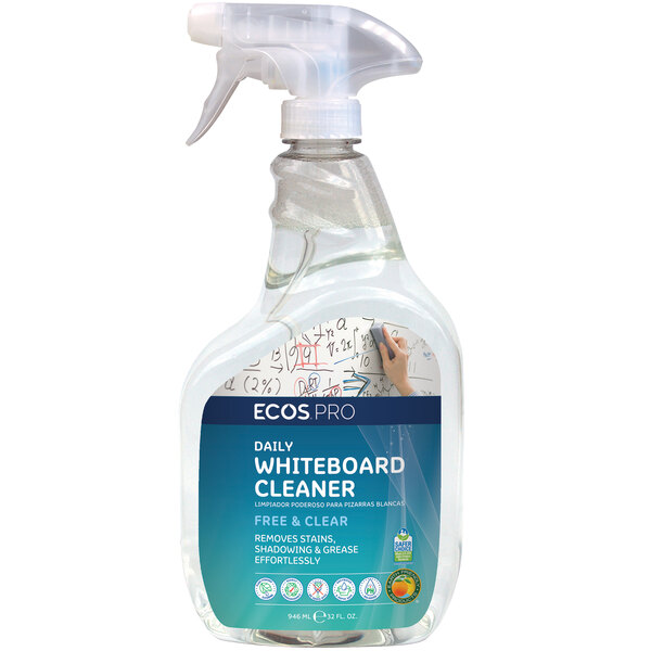 A white spray bottle of ECOS Free and Clear whiteboard cleaner with a blue label.