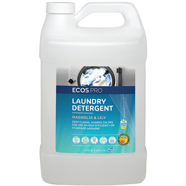 A white ECOS Pro jug of liquid laundry detergent with a label.