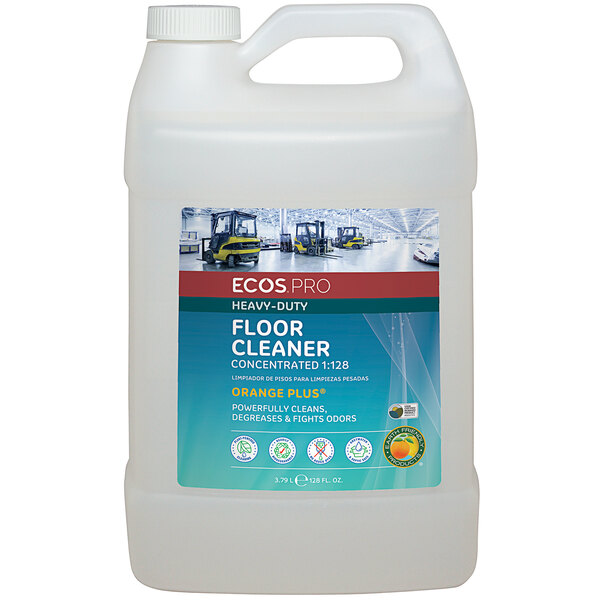 A white ECOS Pro gallon jug of floor cleaner with a yellow and black label.