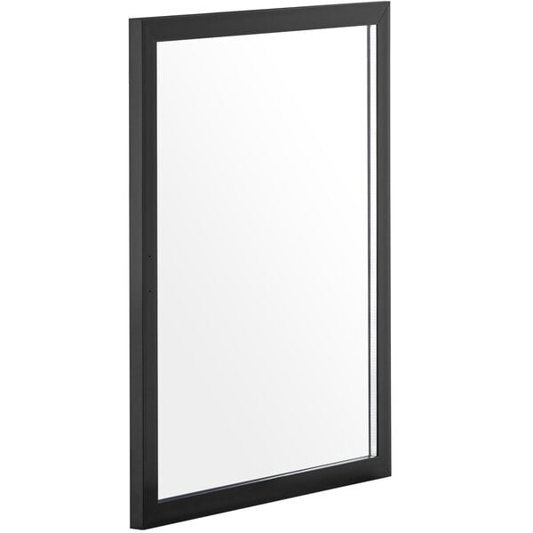 A rectangular black door with a white frame.
