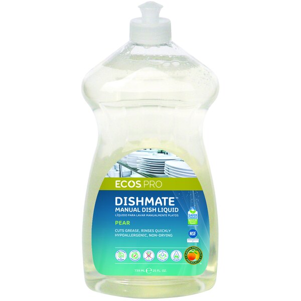 A plastic bottle of ECOS Pear Scented Dishmate Manual Dishwashing Liquid on a counter.