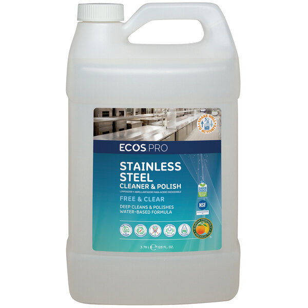 A white ECOS Pro jug with a label for stainless steel cleaner and polish.