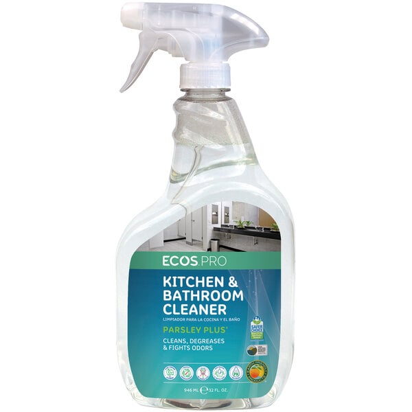 A plastic spray bottle of ECOS Parsley Plus All-Purpose Cleaner with a blue label.