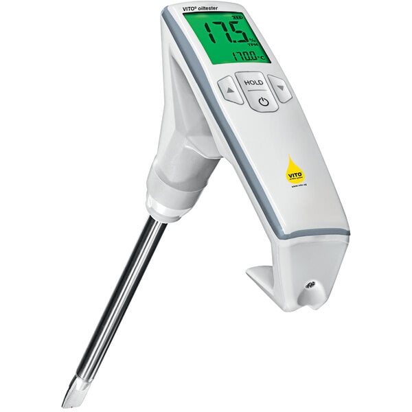A white electronic VITO Oiltester with a green display.