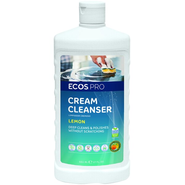 A white ECOS Pro bottle with a blue label for lemon scented cream cleaner.