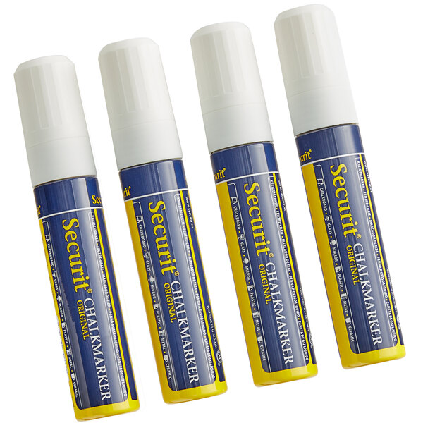 A group of white and blue chalk markers. Three white and one blue American Metalcraft Securit chalk markers.