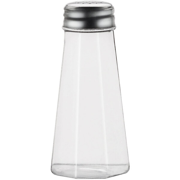 A clear glass salt shaker with a stainless steel top.