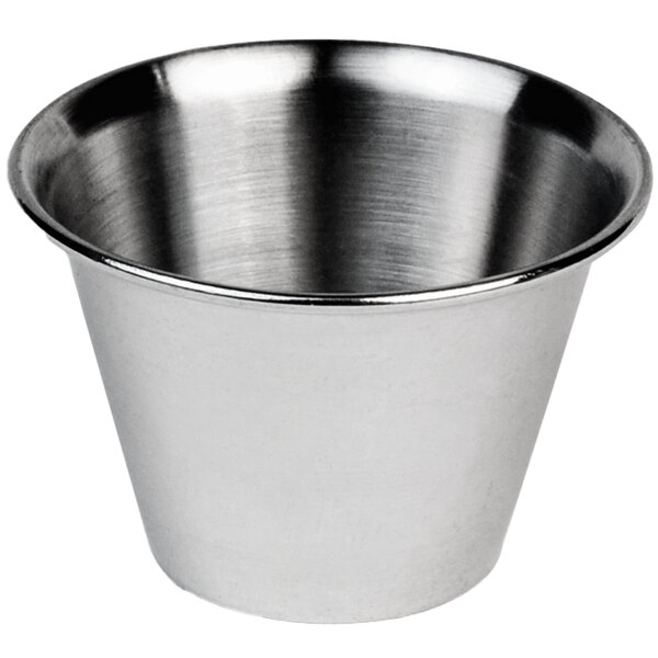 A stainless steel Vollrath round sauce cup.