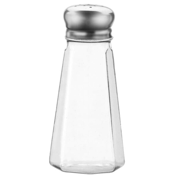 A clear polycarbonate salt shaker with a silver cap.