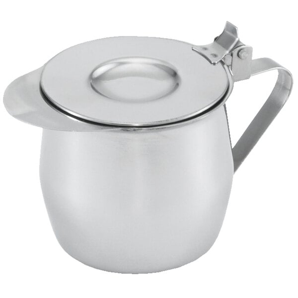 A Vollrath stainless steel creamer with a lid.