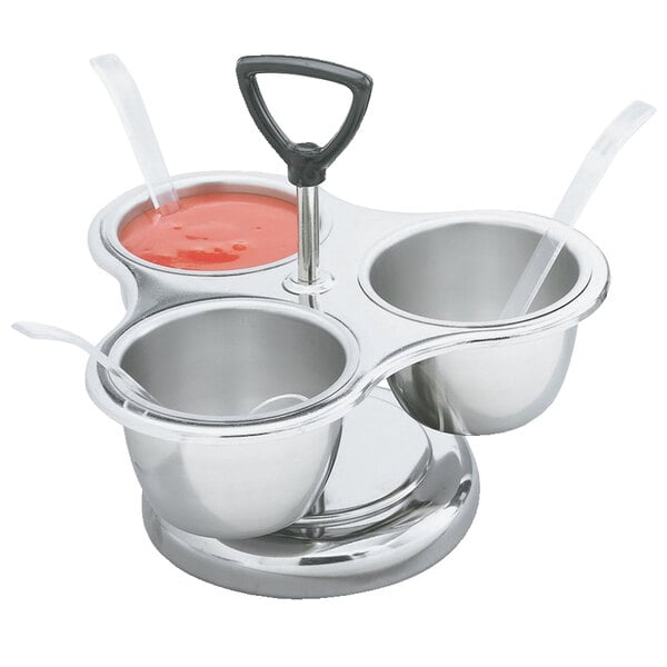 A silver stainless steel Vollrath 3 bowl condiment server with spoons.