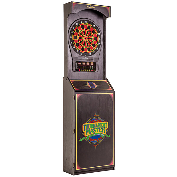 An Arachnid CricketPro dart board in a black and red arcade style cabinet.